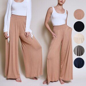 TAN NEW MAXI WIDE-LEGGED PANTS BAMBOO W/ POCKETS